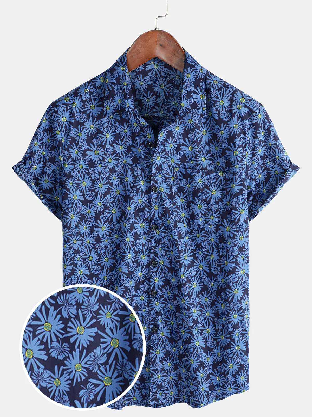 Men's Short Sleeve Floral Daisy Pocket Button Up Cotton Beach Shirt
