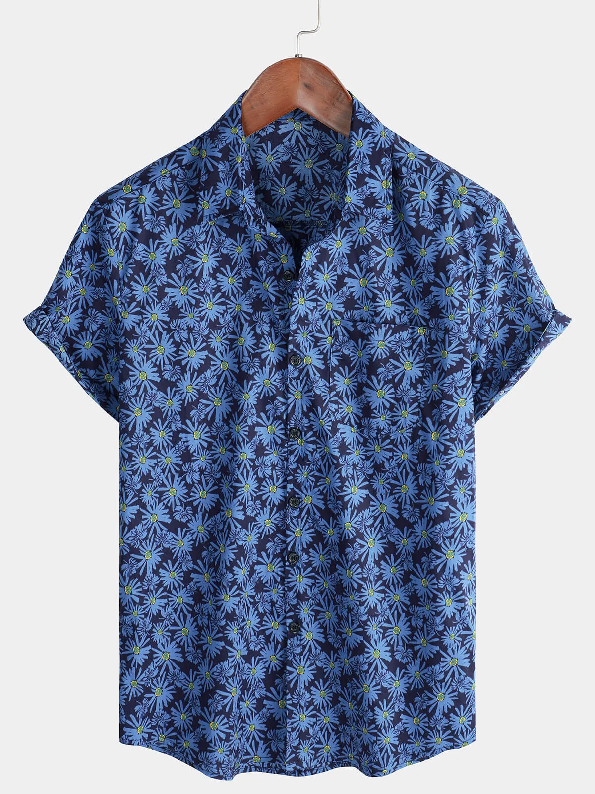 Men's Short Sleeve Floral Daisy Pocket Button Up Cotton Beach Shirt