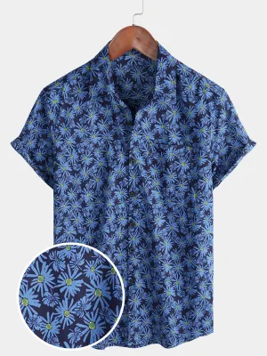 Men's Short Sleeve Floral Daisy Pocket Button Up Cotton Beach Shirt