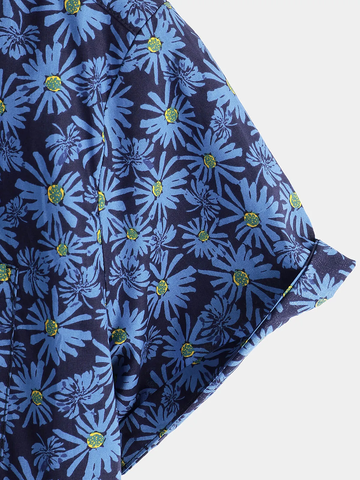 Men's Short Sleeve Floral Daisy Pocket Button Up Cotton Beach Shirt