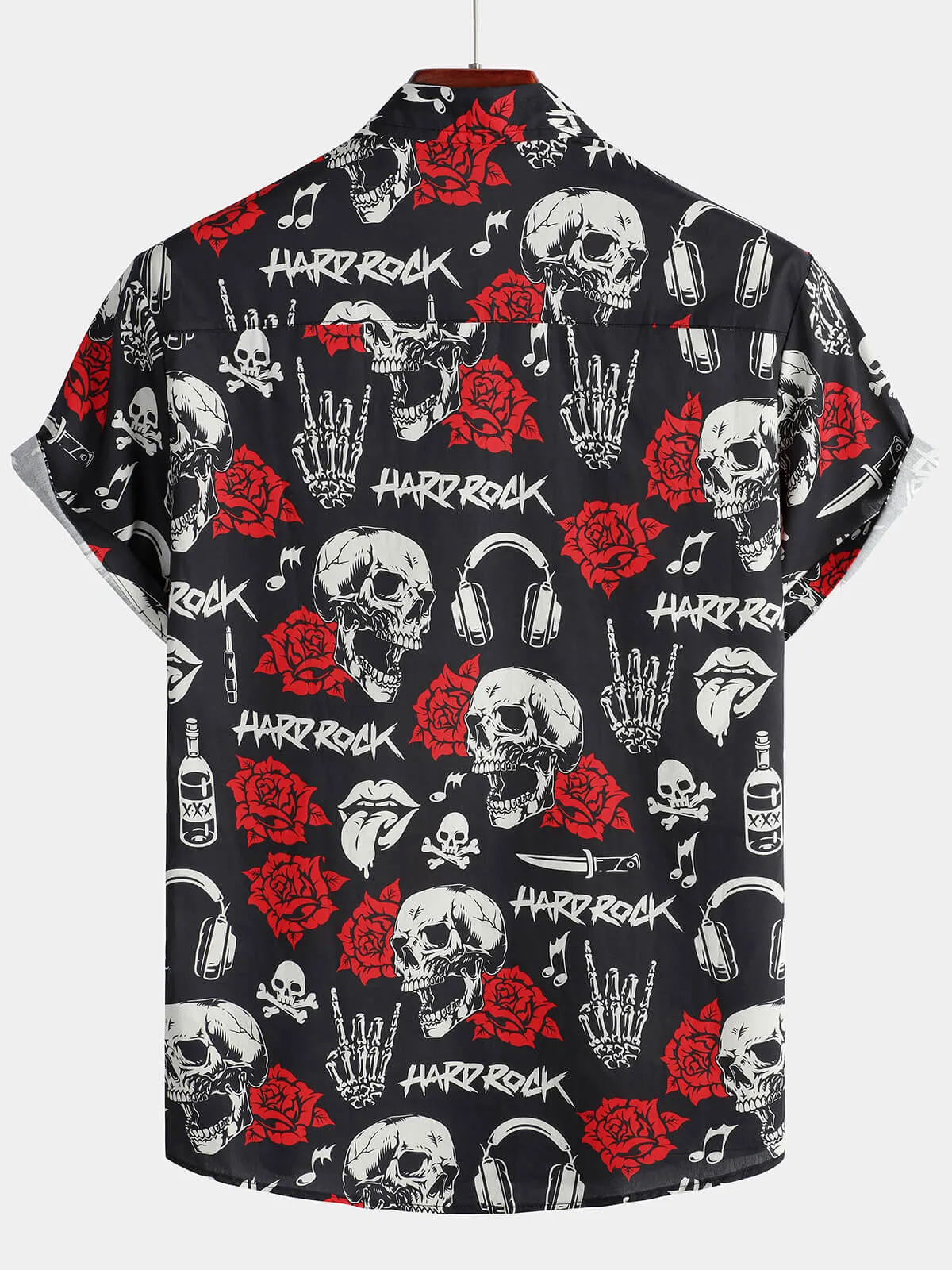 Men's Skull Rose Floral Punk Rocker Cool Rock Music Short Sleeve Hawaiian Shirt