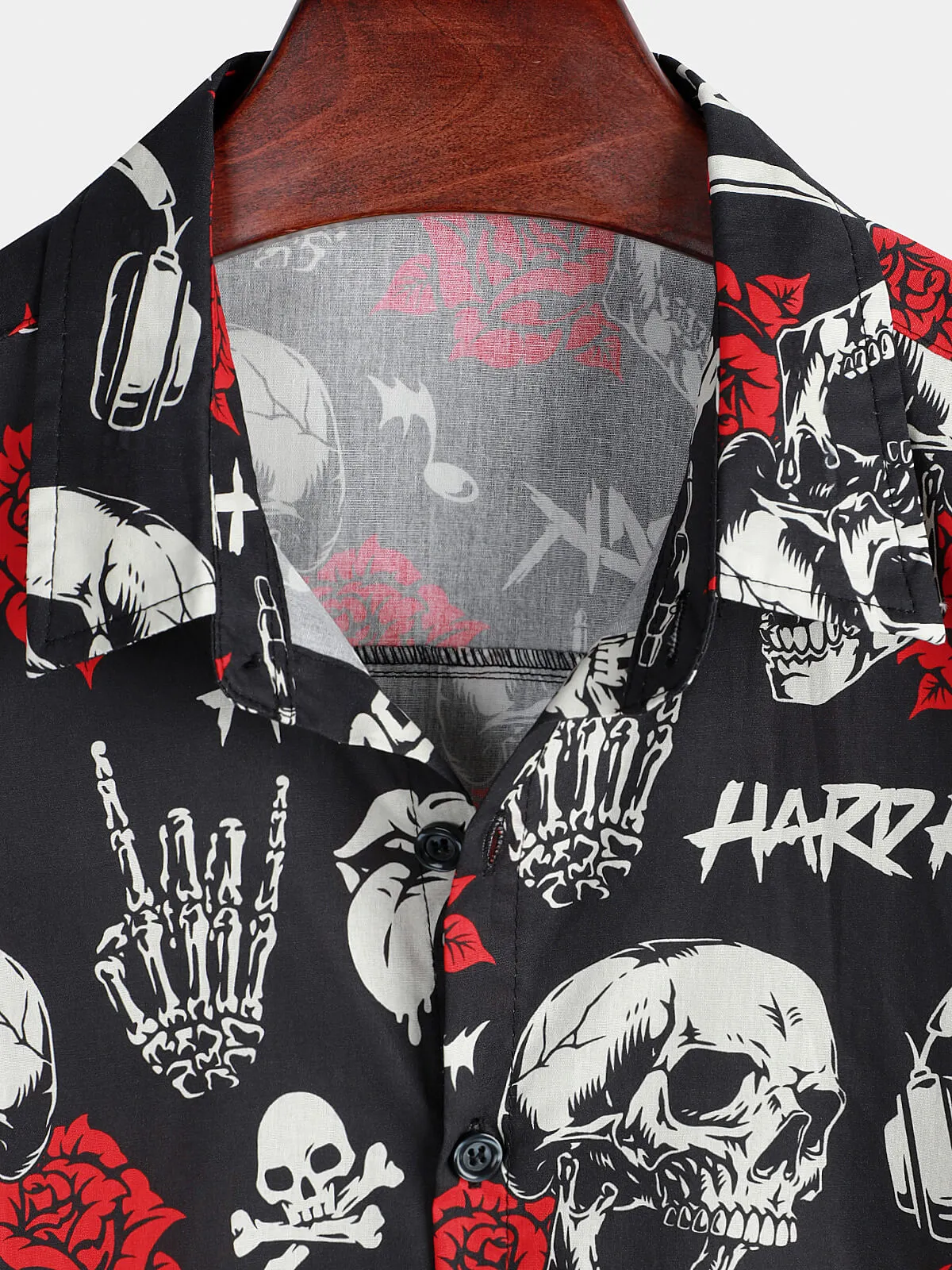 Men's Skull Rose Floral Punk Rocker Cool Rock Music Short Sleeve Hawaiian Shirt