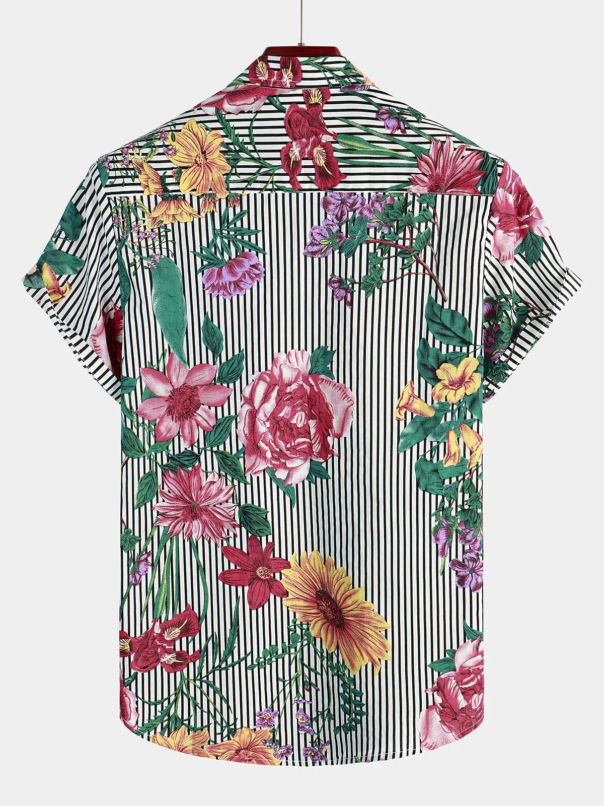Men's Striped & Floral Print Short Sleeve Hawaiian Shirt