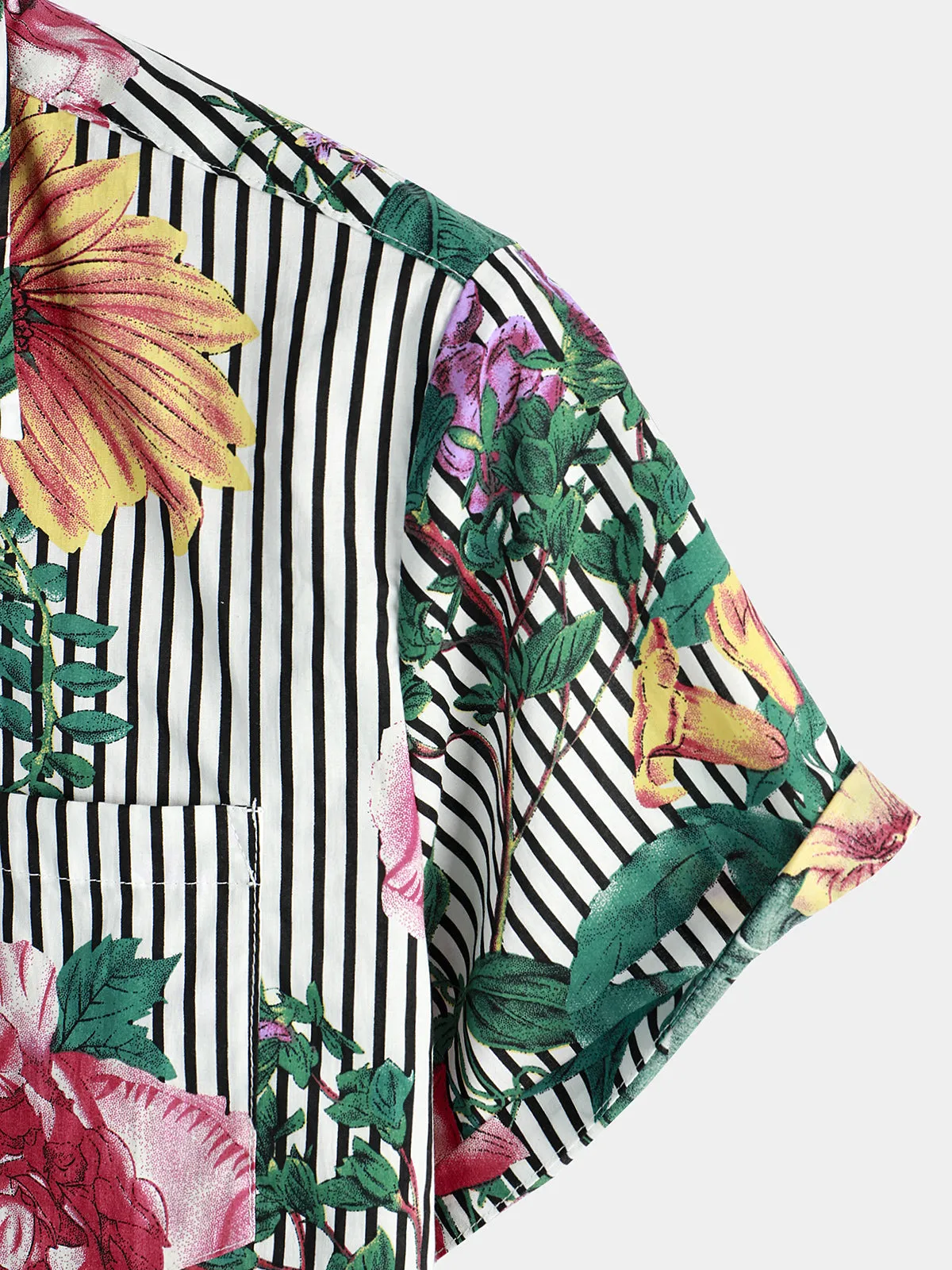 Men's Striped & Floral Print Short Sleeve Hawaiian Shirt