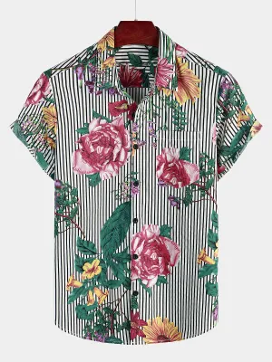 Men's Striped & Floral Print Short Sleeve Hawaiian Shirt