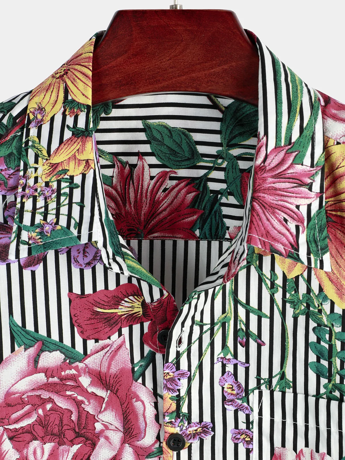 Men's Striped & Floral Print Short Sleeve Hawaiian Shirt
