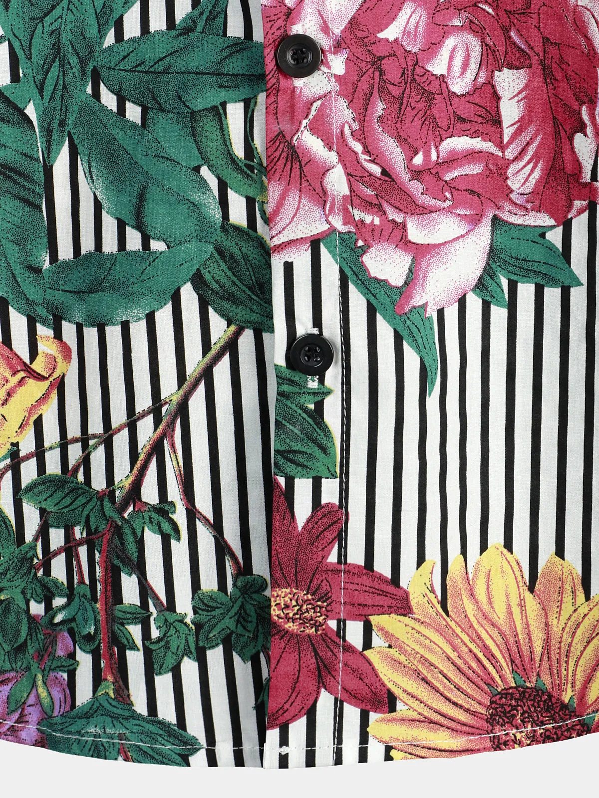 Men's Striped & Floral Print Short Sleeve Hawaiian Shirt