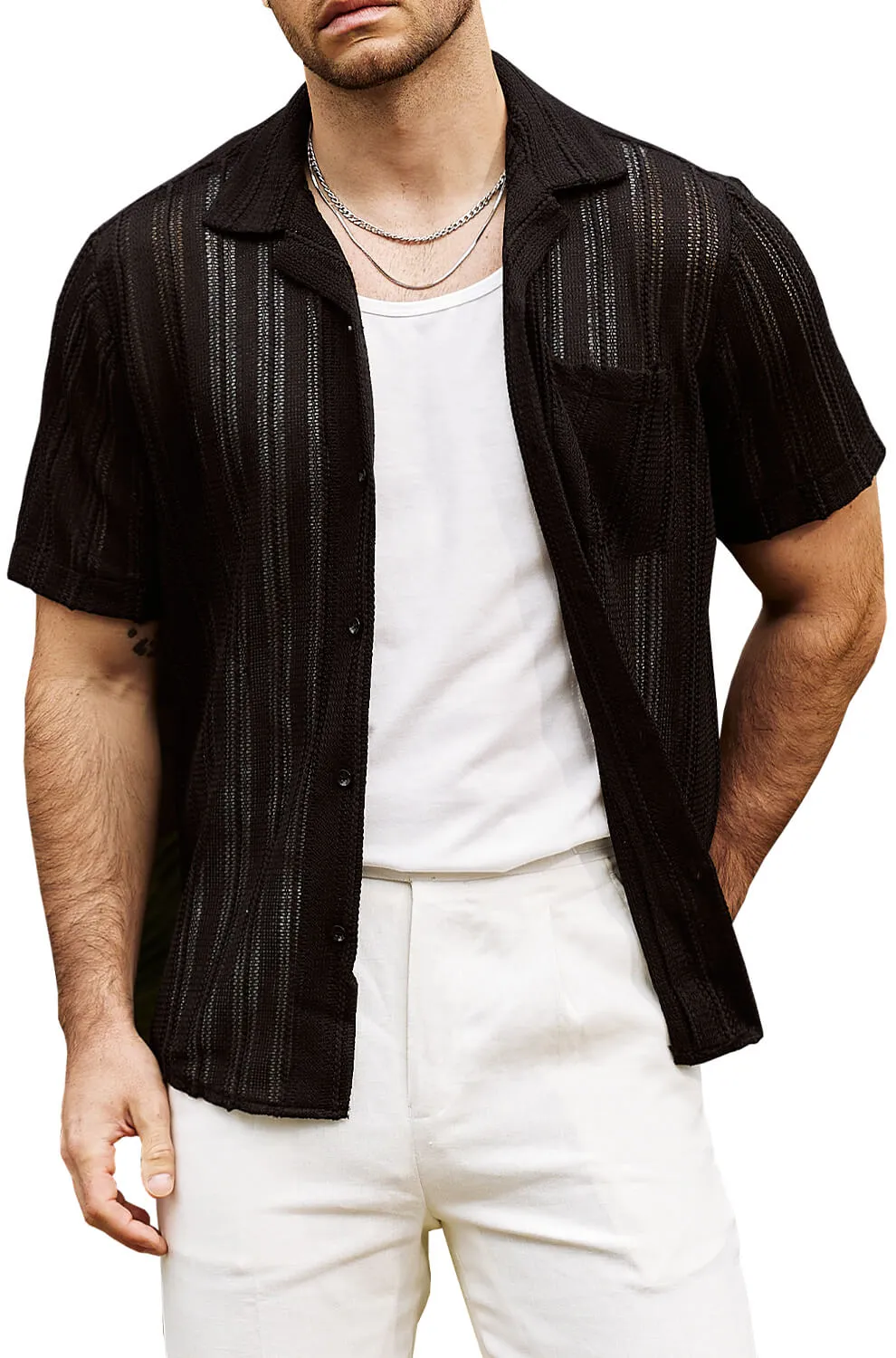 Men's Summer Lace Short Sleeve Casual Button Up Beach Shirt