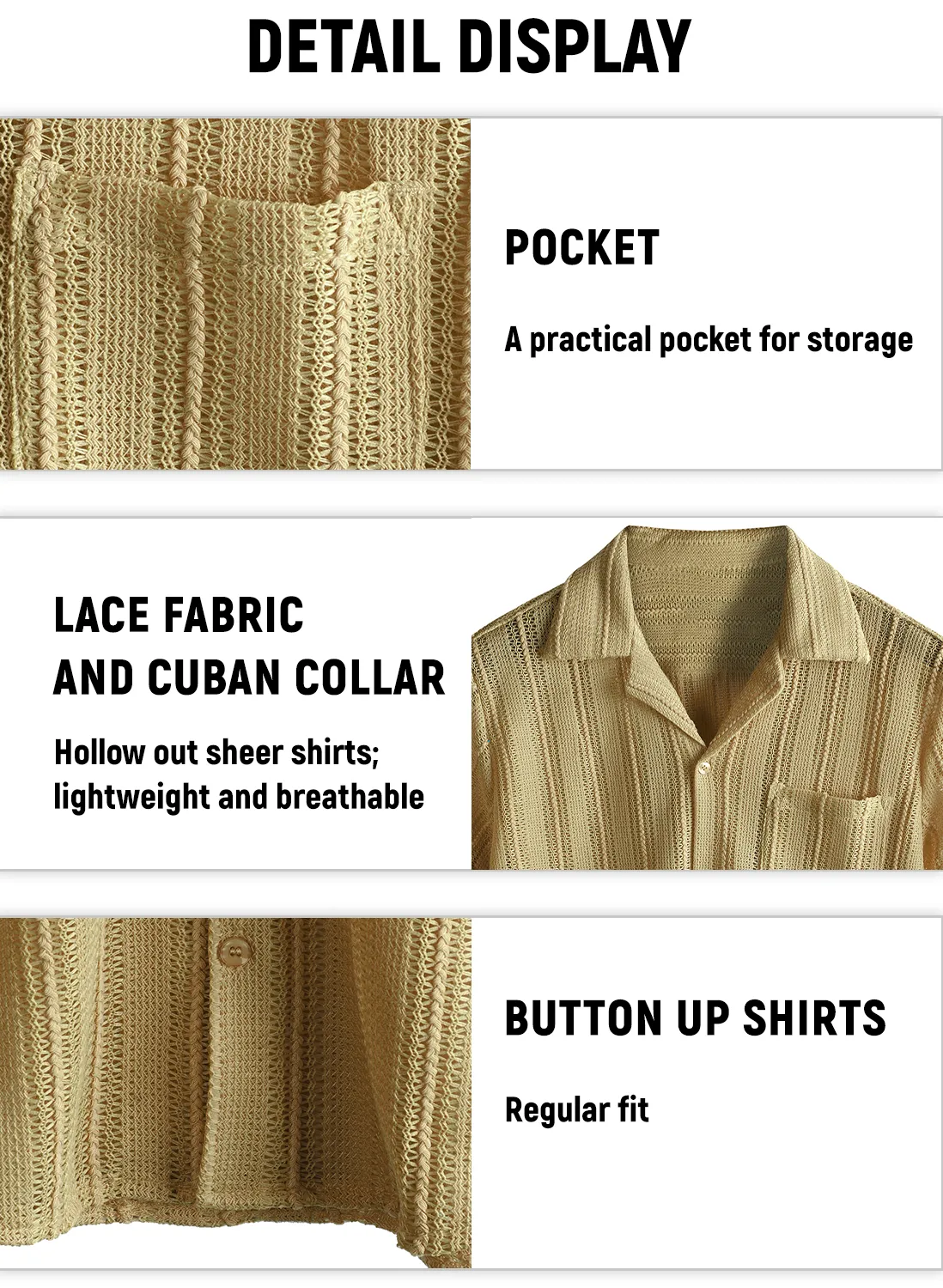 Men's Summer Lace Short Sleeve Casual Button Up Beach Shirt