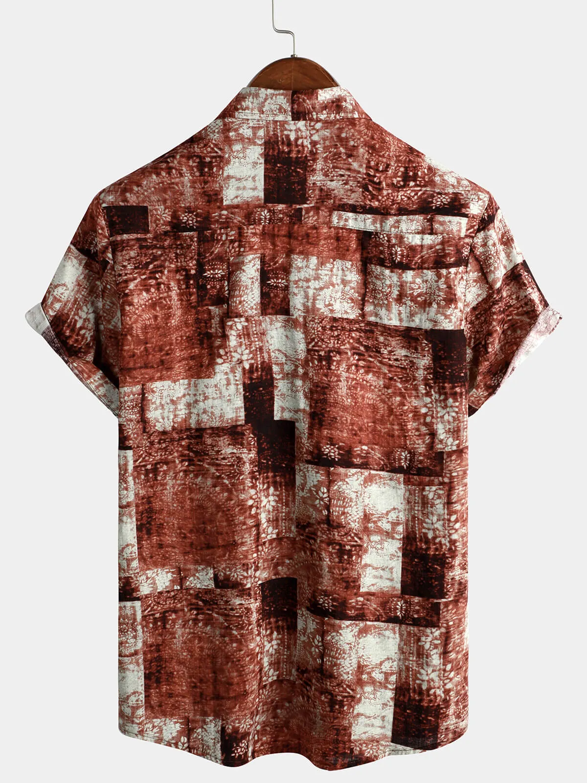 Men's Summer Vintage Cotton Patchwork Short Sleeve Retro 70s Summer Button Up Shirt