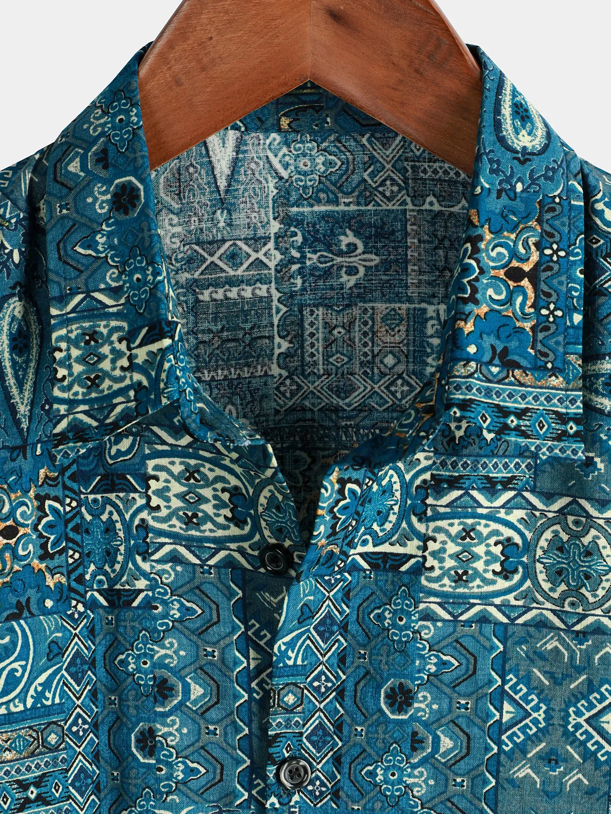 Men's Vintage Beach Tropical Print Vacation Tribal Boho Short Sleeve Retro Blue Button Up Shirt