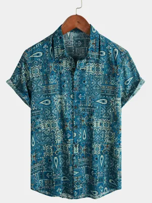 Men's Vintage Beach Tropical Print Vacation Tribal Boho Short Sleeve Retro Blue Button Up Shirt