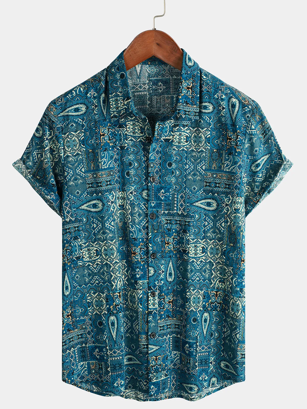 Men's Vintage Beach Tropical Print Vacation Tribal Boho Short Sleeve Retro Blue Button Up Shirt