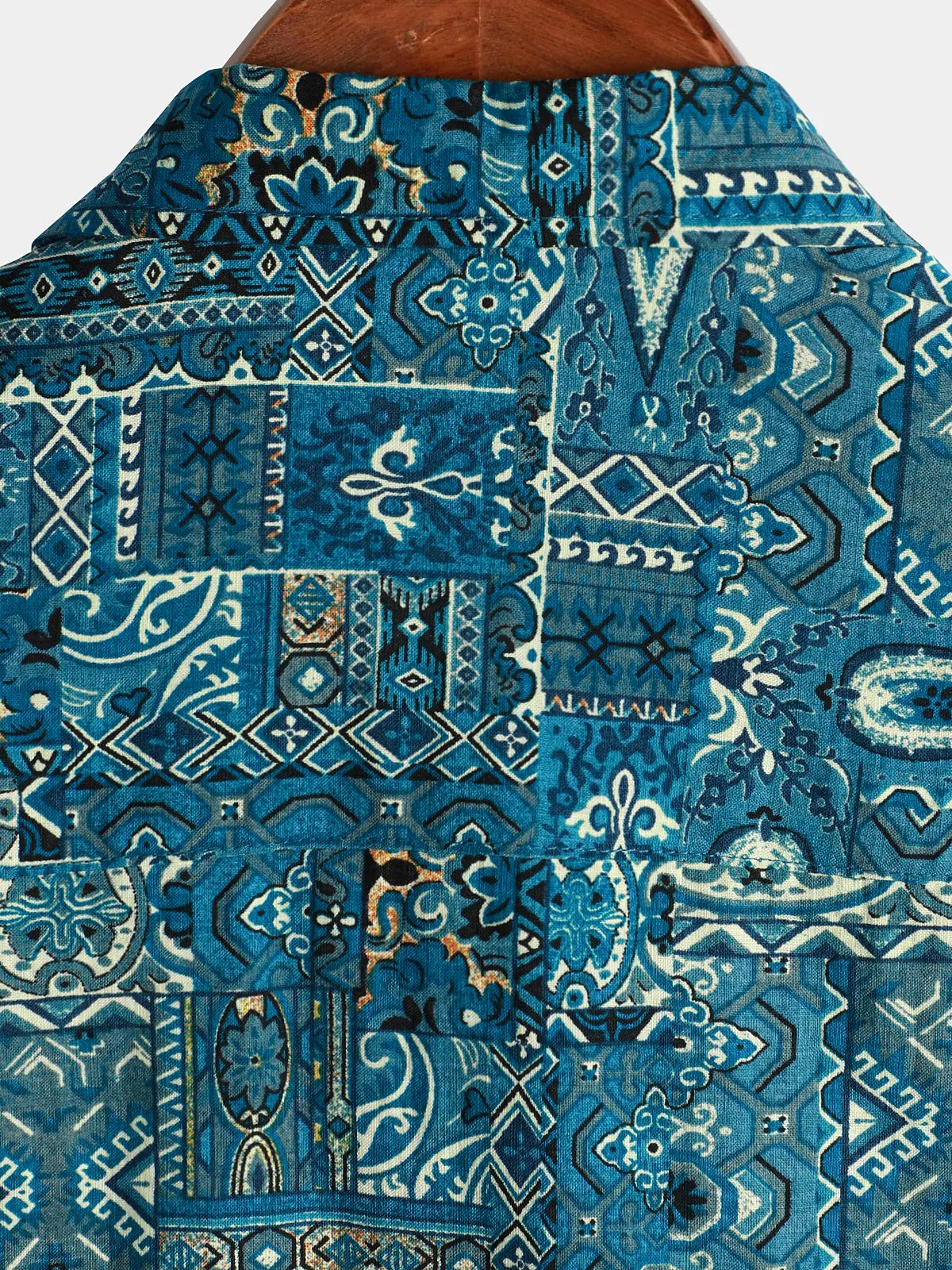 Men's Vintage Beach Tropical Print Vacation Tribal Boho Short Sleeve Retro Blue Button Up Shirt
