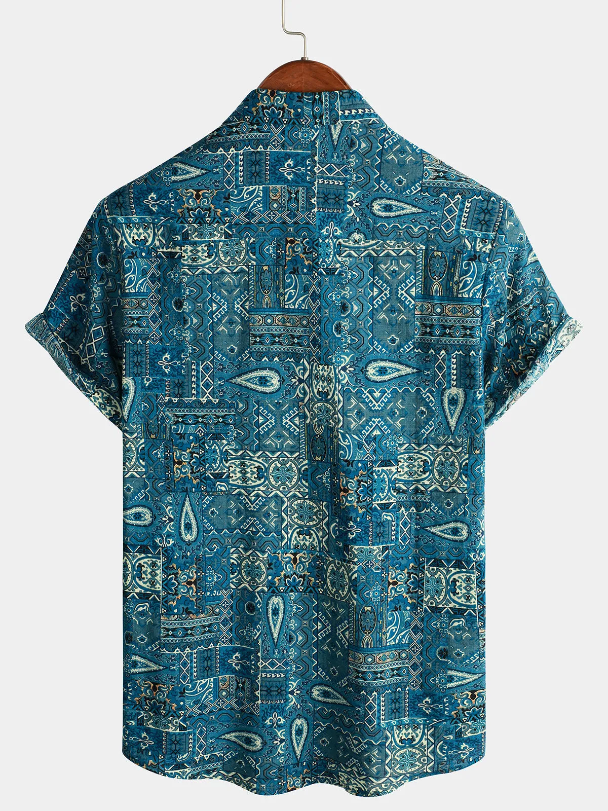 Men's Vintage Beach Tropical Print Vacation Tribal Boho Short Sleeve Retro Blue Button Up Shirt