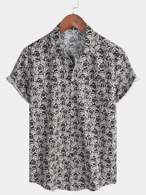 Men's Vintage Floral Holiday Cotton Button Up Short Sleeve Shirt