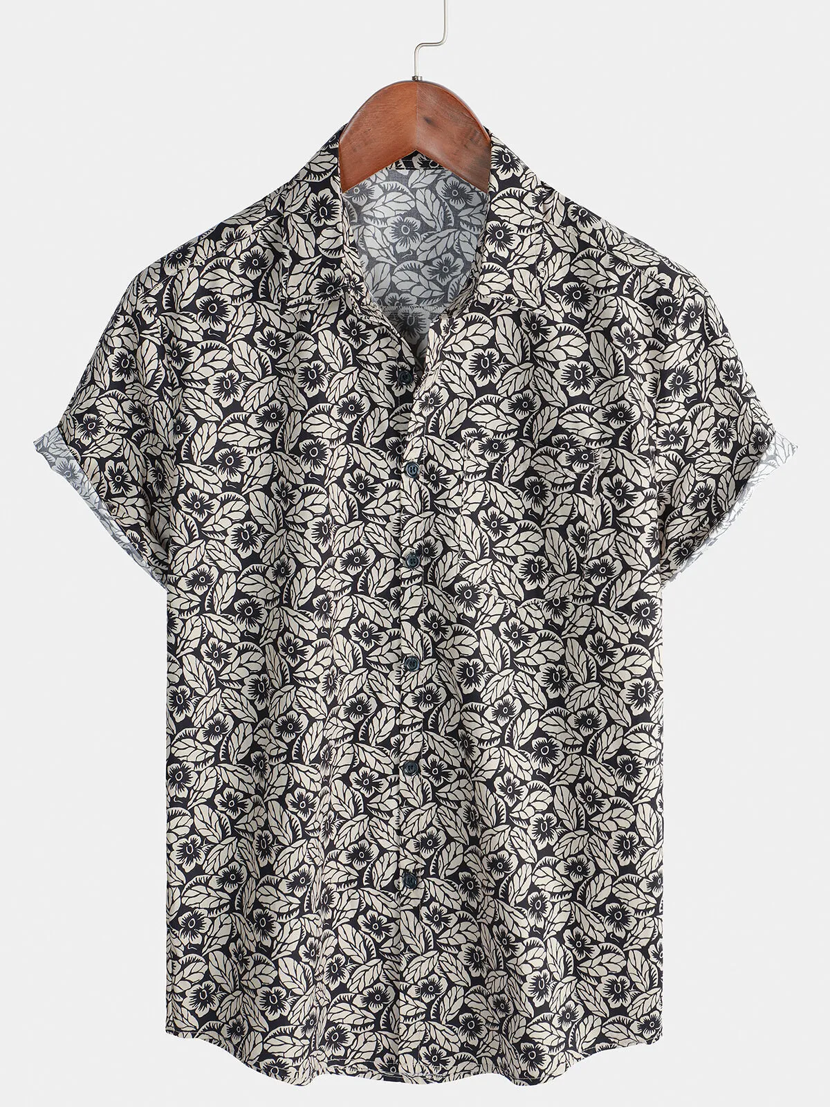 Men's Vintage Floral Holiday Cotton Button Up Short Sleeve Shirt