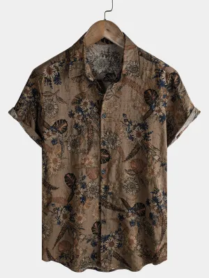 Men's Vintage Floral Vacation Summer Button Up Short Sleeve Shirt