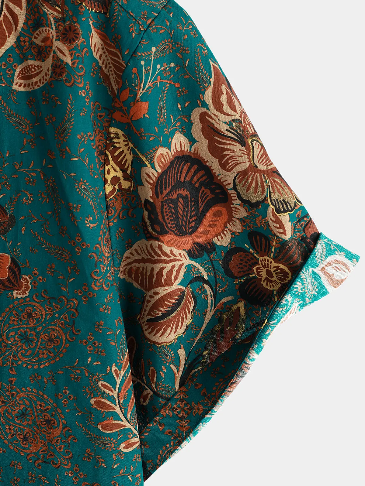 Men's Vintage Holiday Cotton Green Hawaiian Floral Button Up Short Sleeve Shirt