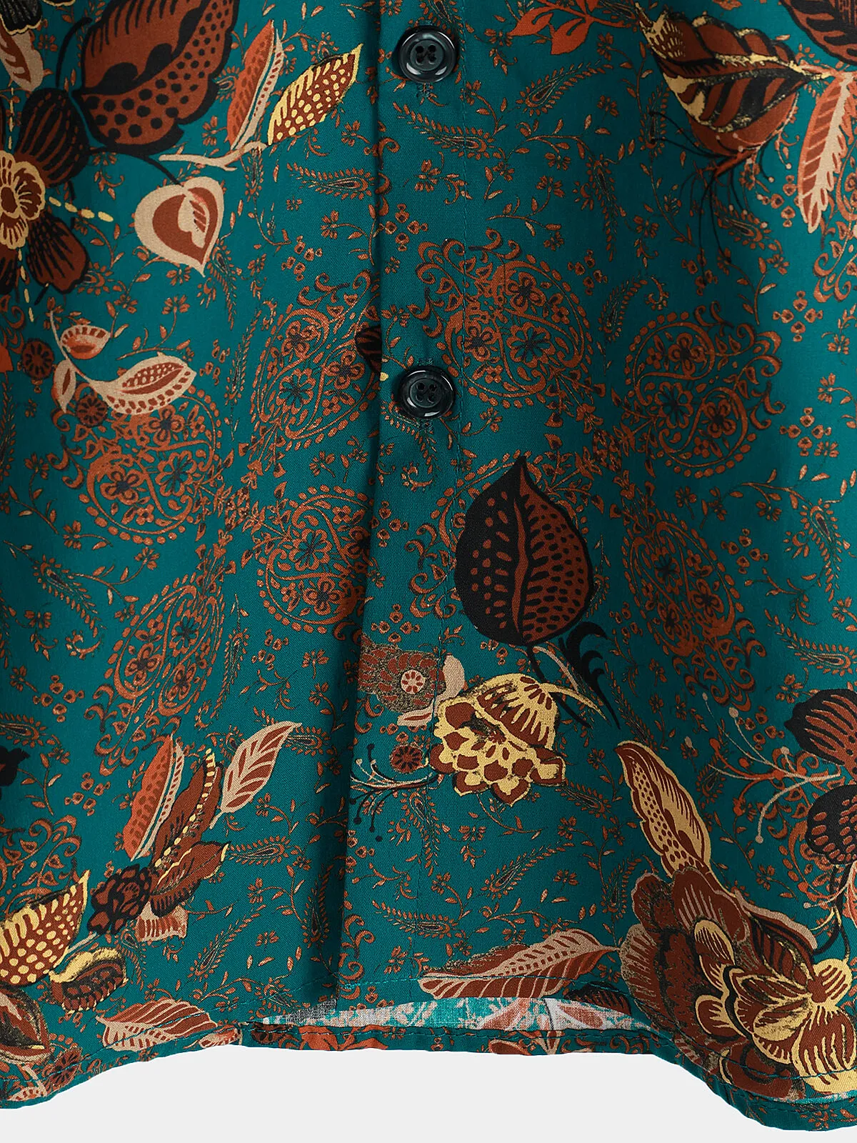 Men's Vintage Holiday Cotton Green Hawaiian Floral Button Up Short Sleeve Shirt
