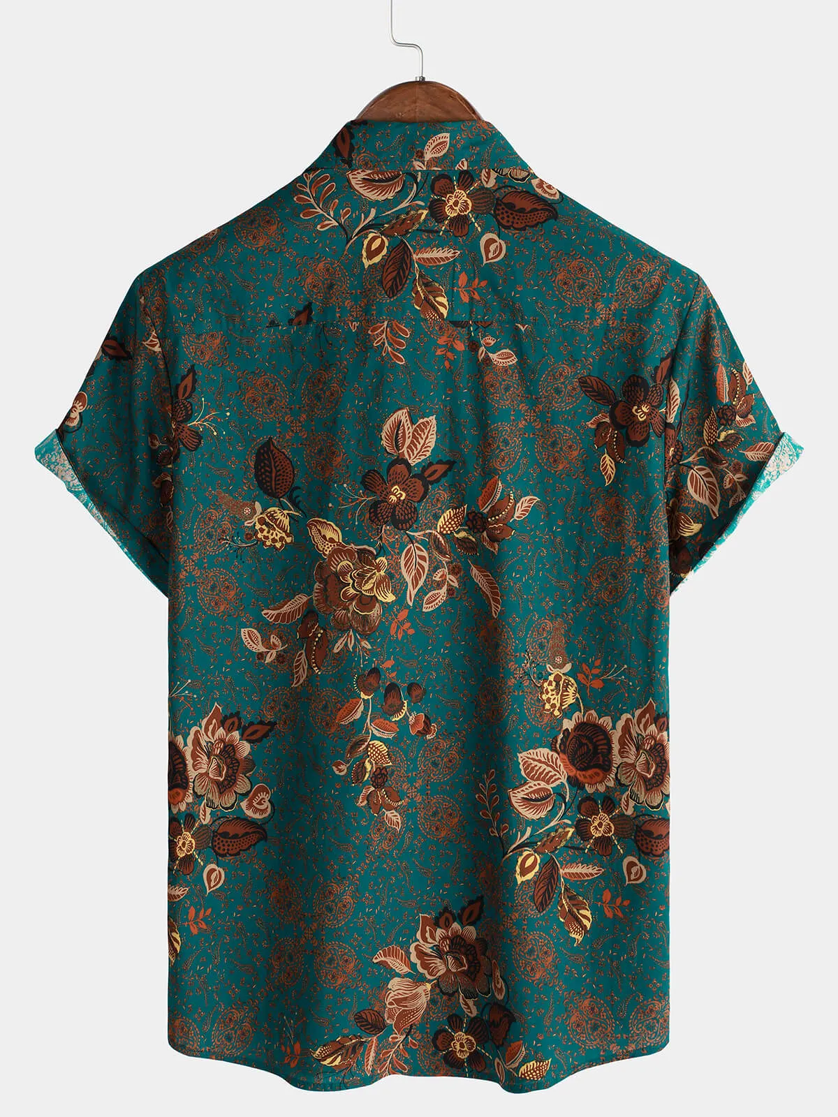 Men's Vintage Holiday Cotton Green Hawaiian Floral Button Up Short Sleeve Shirt