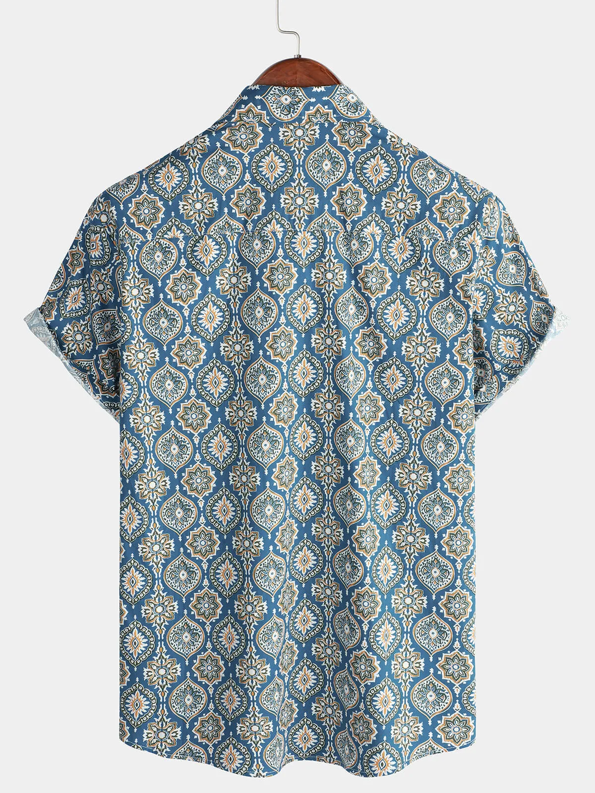 Men's Vintage Holiday Cotton Summer Floral Button Up Blue Short Sleeve Shirt