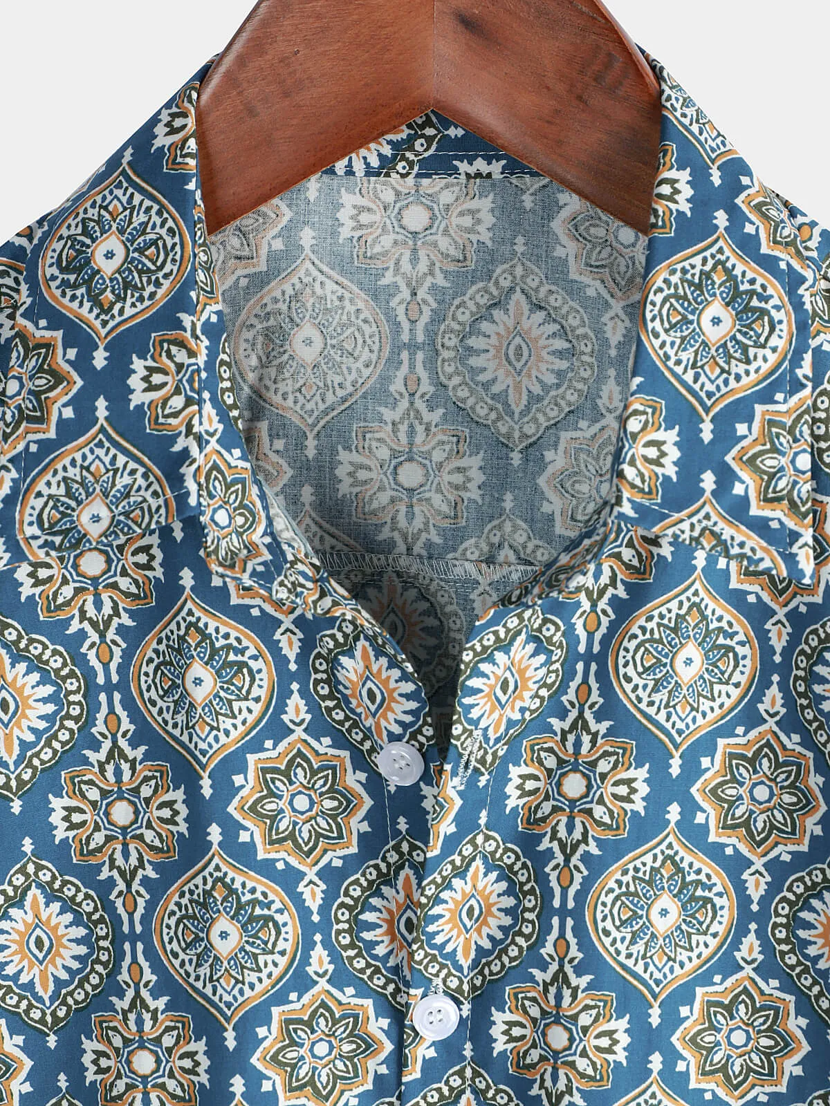 Men's Vintage Holiday Cotton Summer Floral Button Up Blue Short Sleeve Shirt