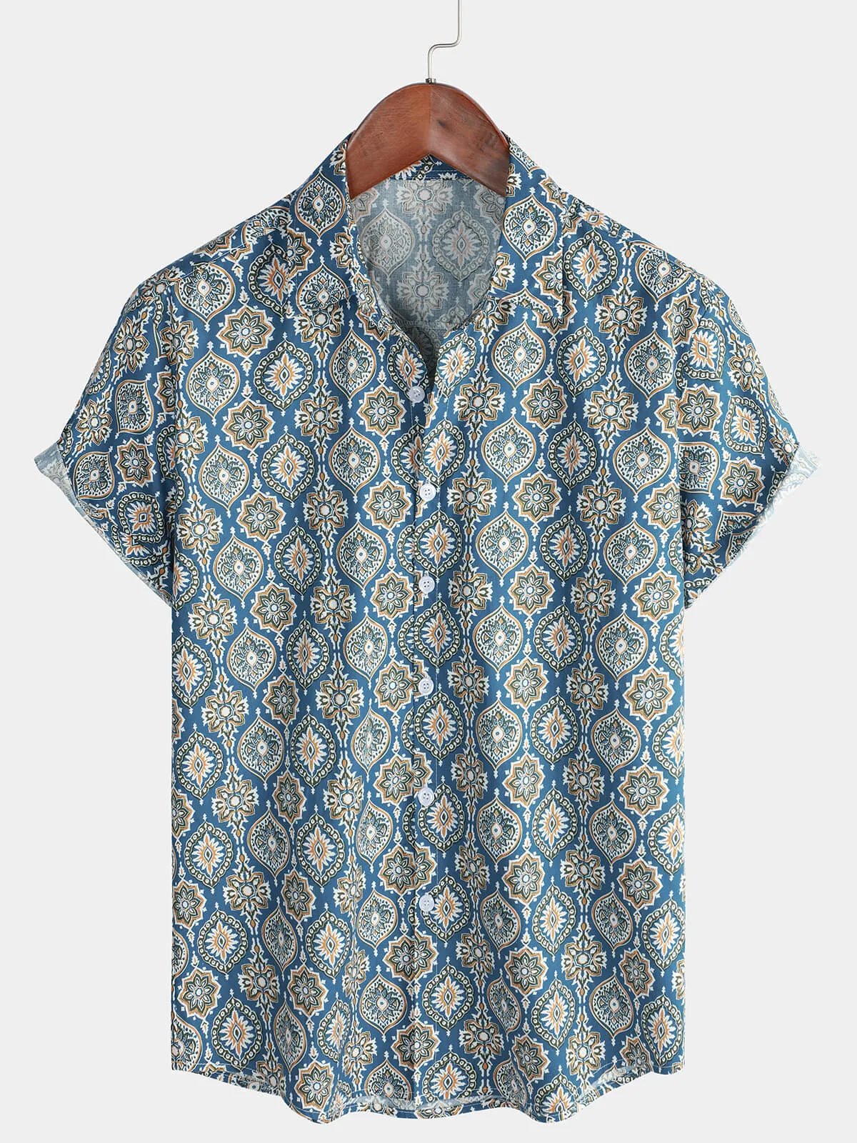 Men's Vintage Holiday Cotton Summer Floral Button Up Blue Short Sleeve Shirt