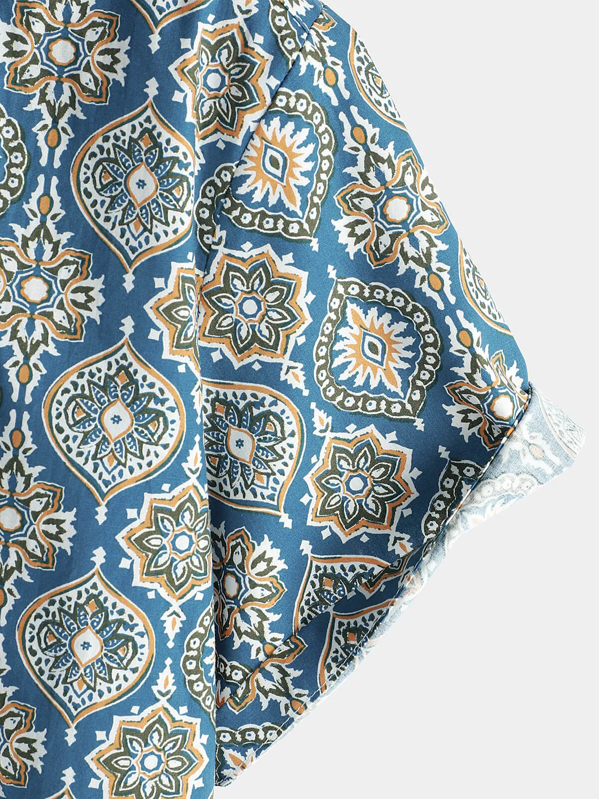Men's Vintage Holiday Cotton Summer Floral Button Up Blue Short Sleeve Shirt