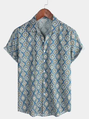 Men's Vintage Holiday Cotton Summer Floral Button Up Blue Short Sleeve Shirt