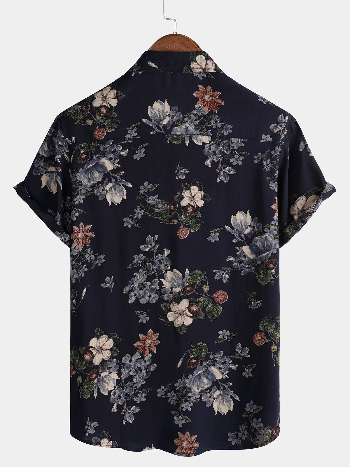 Men's Vintage Navy Blue Holiday Summer Floral Beach Rayon Short Sleeve Shirt