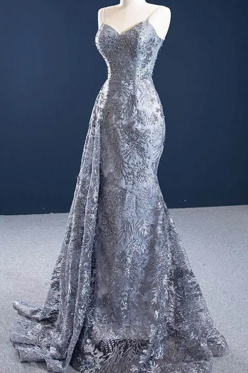 Mermaid Lace Grey Sleeveless Spaghetti Straps Long Formal Evening Dresses OKU97