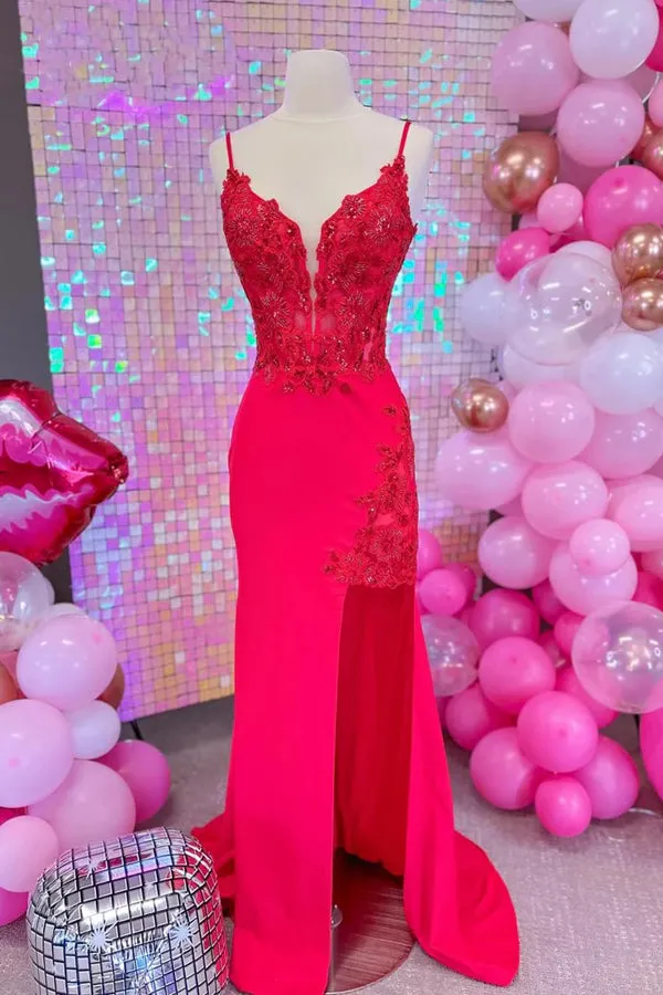 Mermaid Red Lace Long Prom Dresses with High Slit TP1310