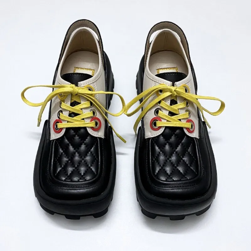 Mixed Colors Square Toe Lace Up Platform Shoes Ladies Pumps