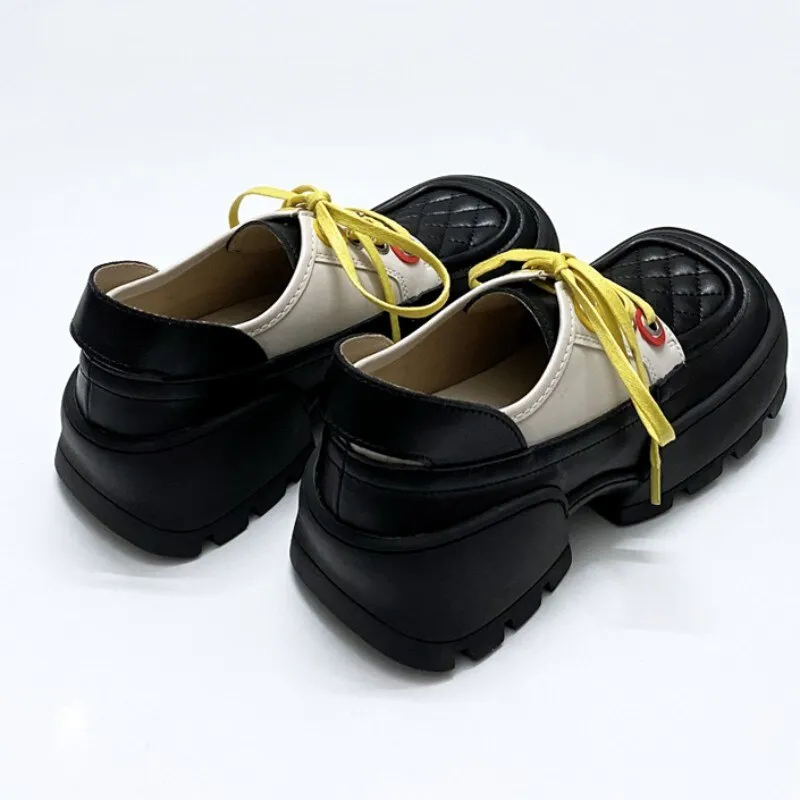 Mixed Colors Square Toe Lace Up Platform Shoes Ladies Pumps