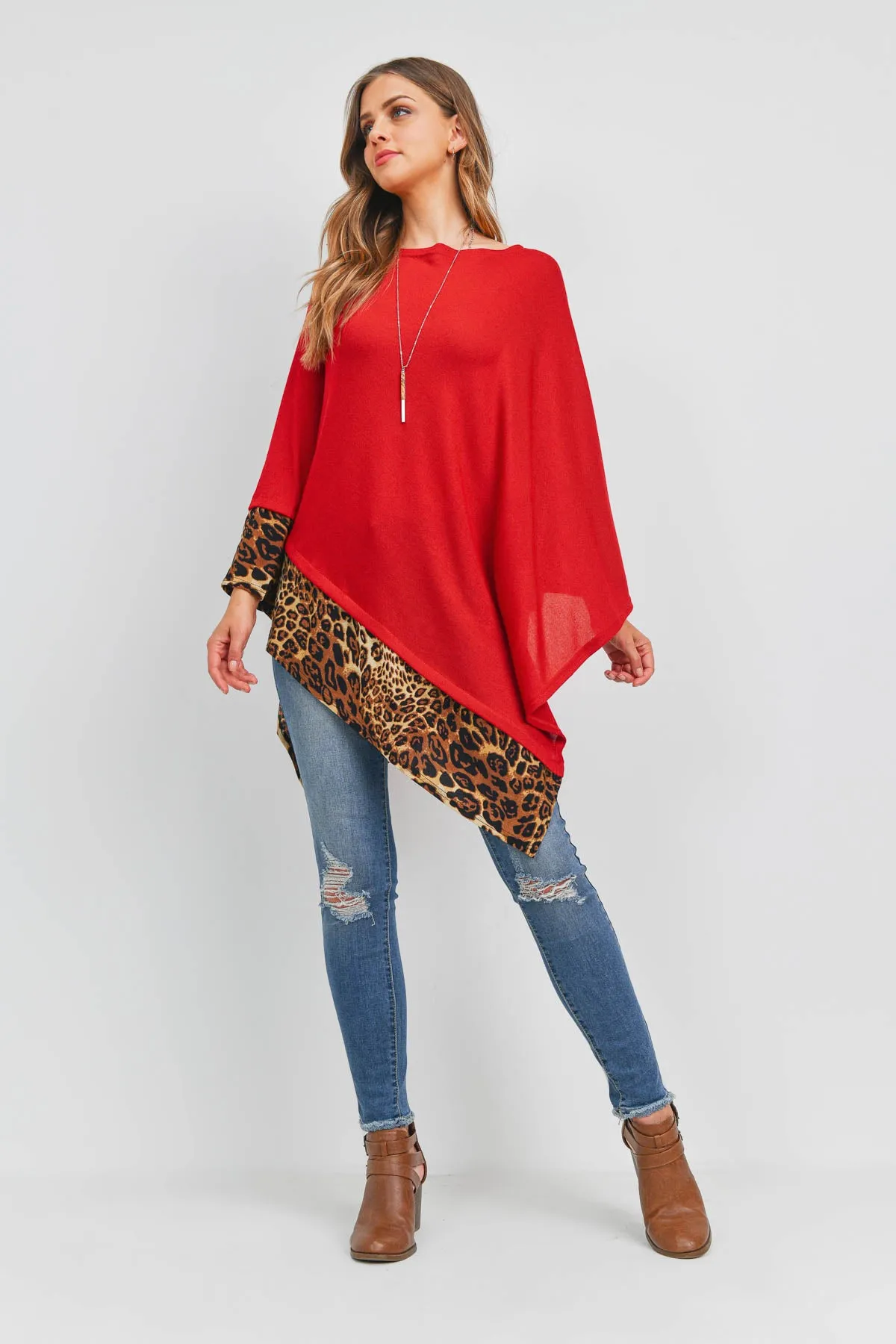 MS0089 - ALL YEAR ROUND LEOPARD TRIM SOLID PONCHO