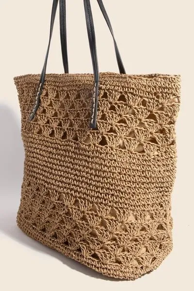 Mustard Faux Leather Handle Knitted Tote Bag