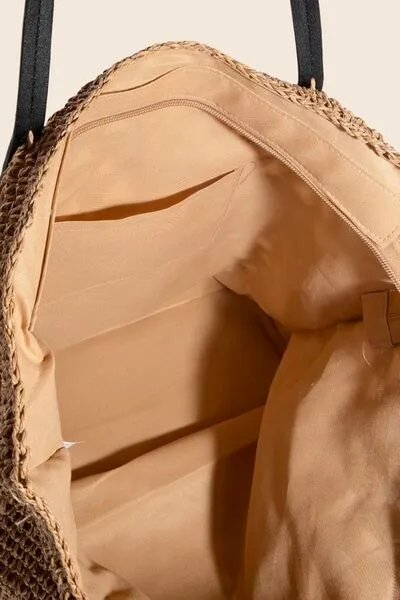 Mustard Faux Leather Handle Knitted Tote Bag