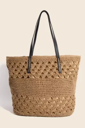 Mustard Faux Leather Handle Knitted Tote Bag