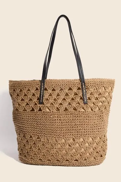 Mustard Faux Leather Handle Knitted Tote Bag