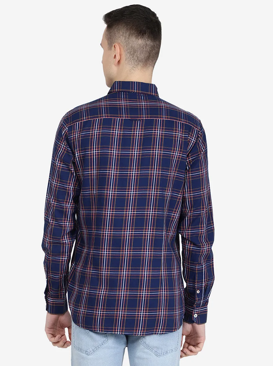 Navy Blue Checked Slim Fit Semi Casual Shirt | Jadeblue