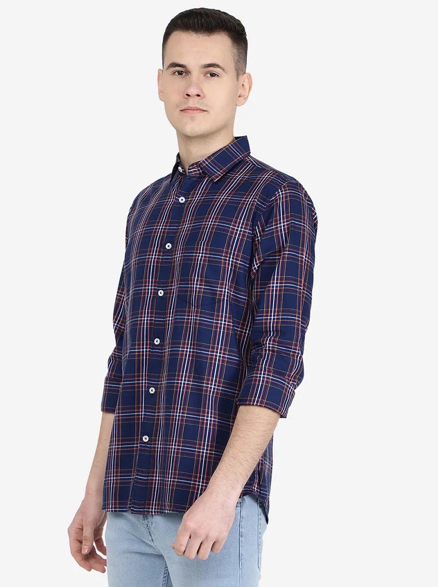 Navy Blue Checked Slim Fit Semi Casual Shirt | Jadeblue