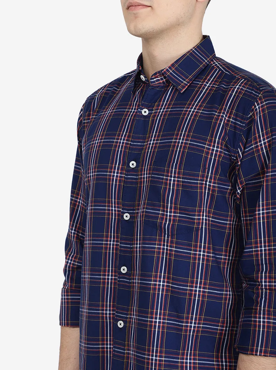 Navy Blue Checked Slim Fit Semi Casual Shirt | Jadeblue