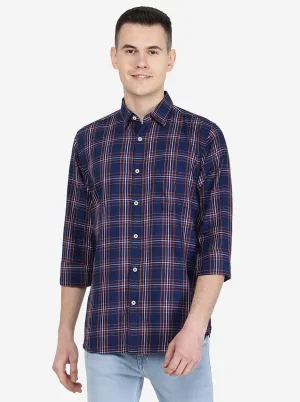 Navy Blue Checked Slim Fit Semi Casual Shirt | Jadeblue