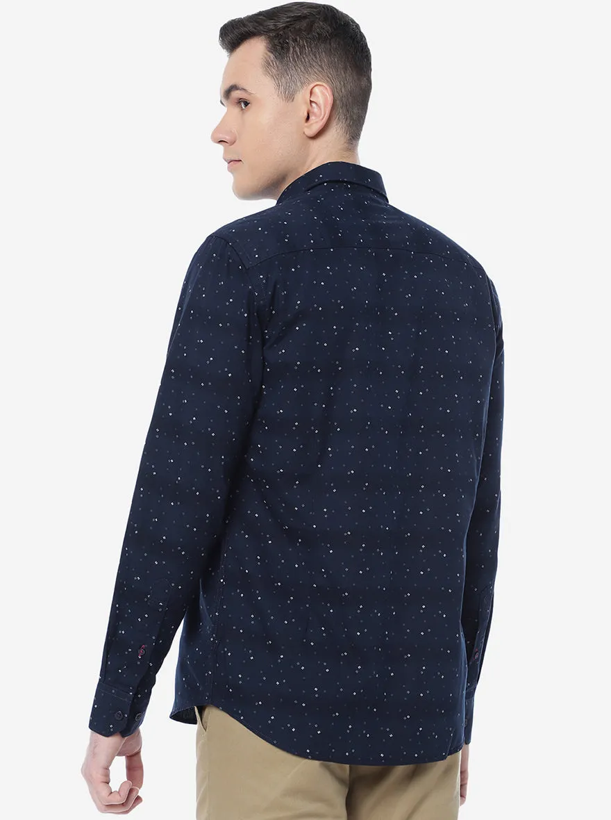 Navy Blue Printed Slim Fit Casual Shirt | Greenfibre