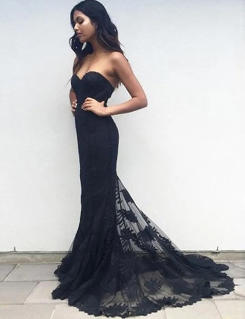 Navy Mermaid Sweetheart Sweep Train Black Lace Prom Dress Evening Gowns Navy Lace Bridesmaid Dress