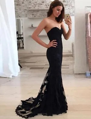 Navy Mermaid Sweetheart Sweep Train Black Lace Prom Dress Evening Gowns Navy Lace Bridesmaid Dress
