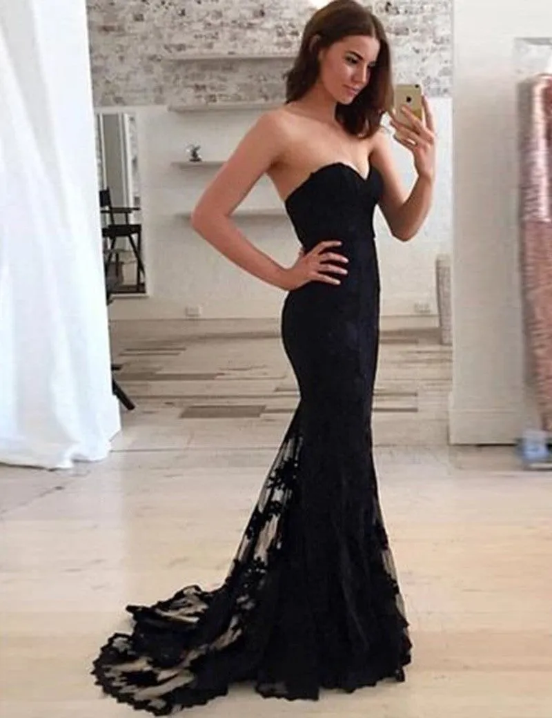 Navy Mermaid Sweetheart Sweep Train Black Lace Prom Dress Evening Gowns Navy Lace Bridesmaid Dress