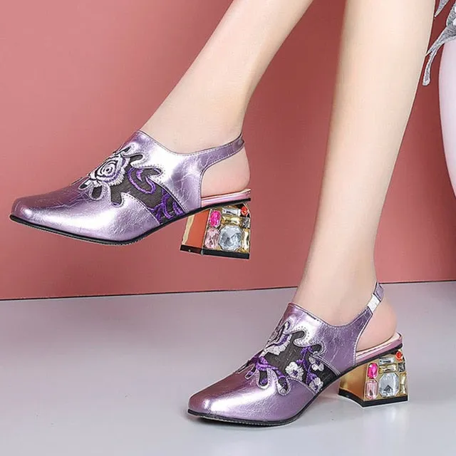New Big Size 34-41 Patent Genuine Leather Sandals Women Party Flower Sandals Ladies High Heels Shoes Woman