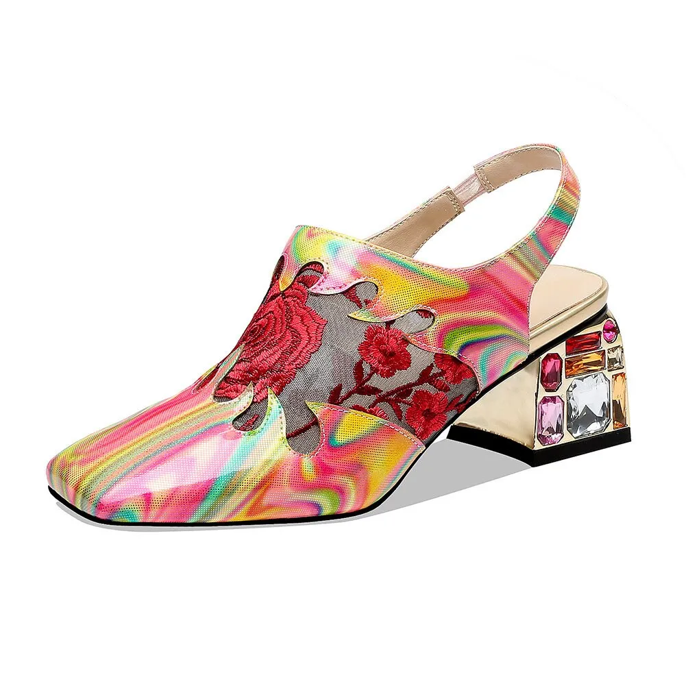 New Big Size 34-41 Patent Genuine Leather Sandals Women Party Flower Sandals Ladies High Heels Shoes Woman